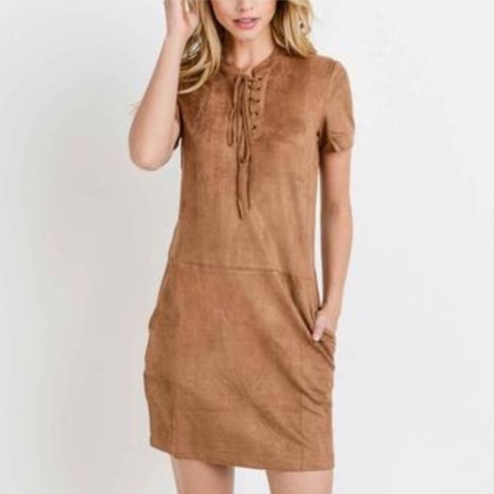 Paper Crane Suede Brown Lace Front Dress Size Small Without Tags